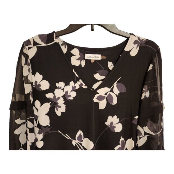 Calvin Klein Blouse Romantic Sheer Sleeve Dressy Floral V Neck Size Medium - Picture 3 of 12